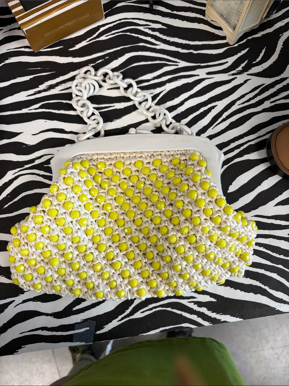 White Beaded Crochet Shoulder Bag with Yellow Accents